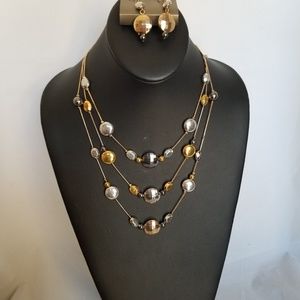 Gold Silver 3 strands Necklace and Earring Set 19" Studio S *